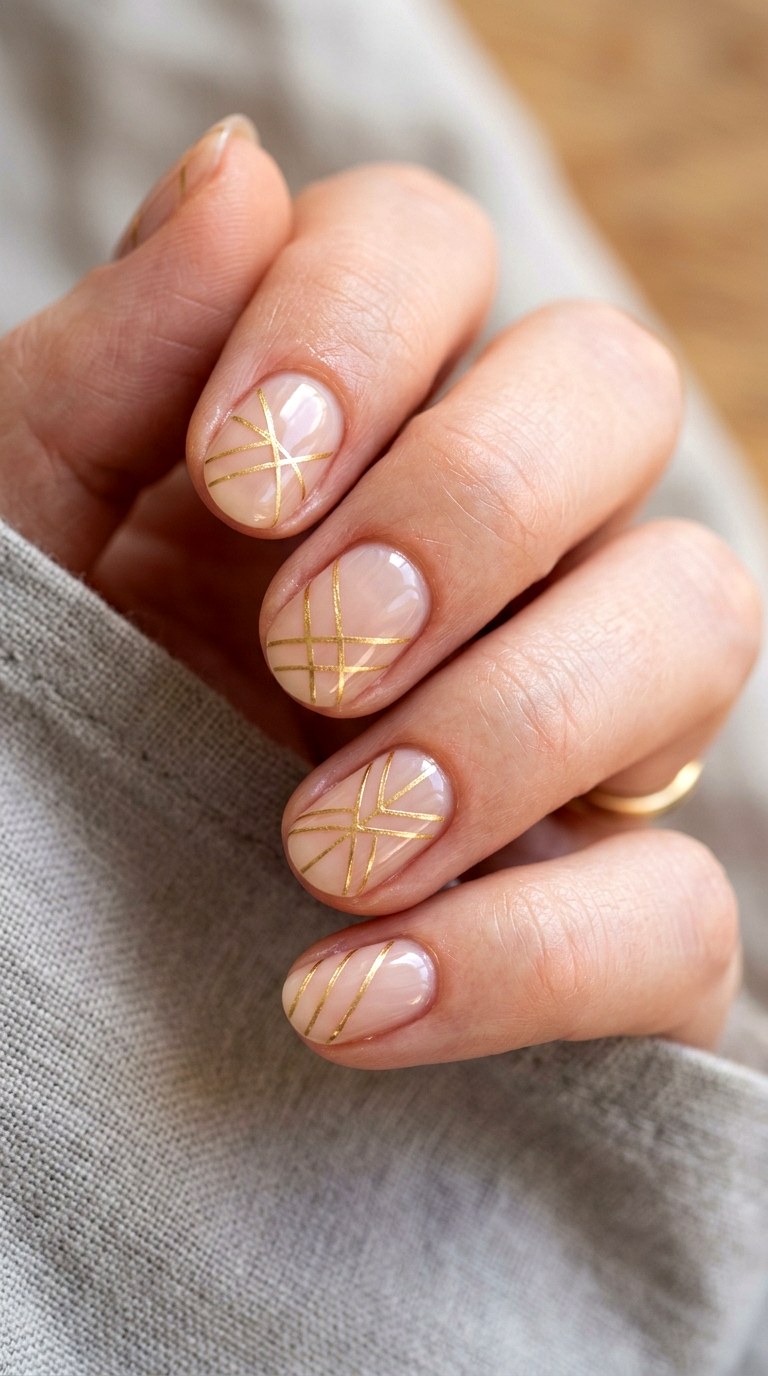 Sheer Nude Gold Line Geometry - 26 At-Home Spring Color Street Nails