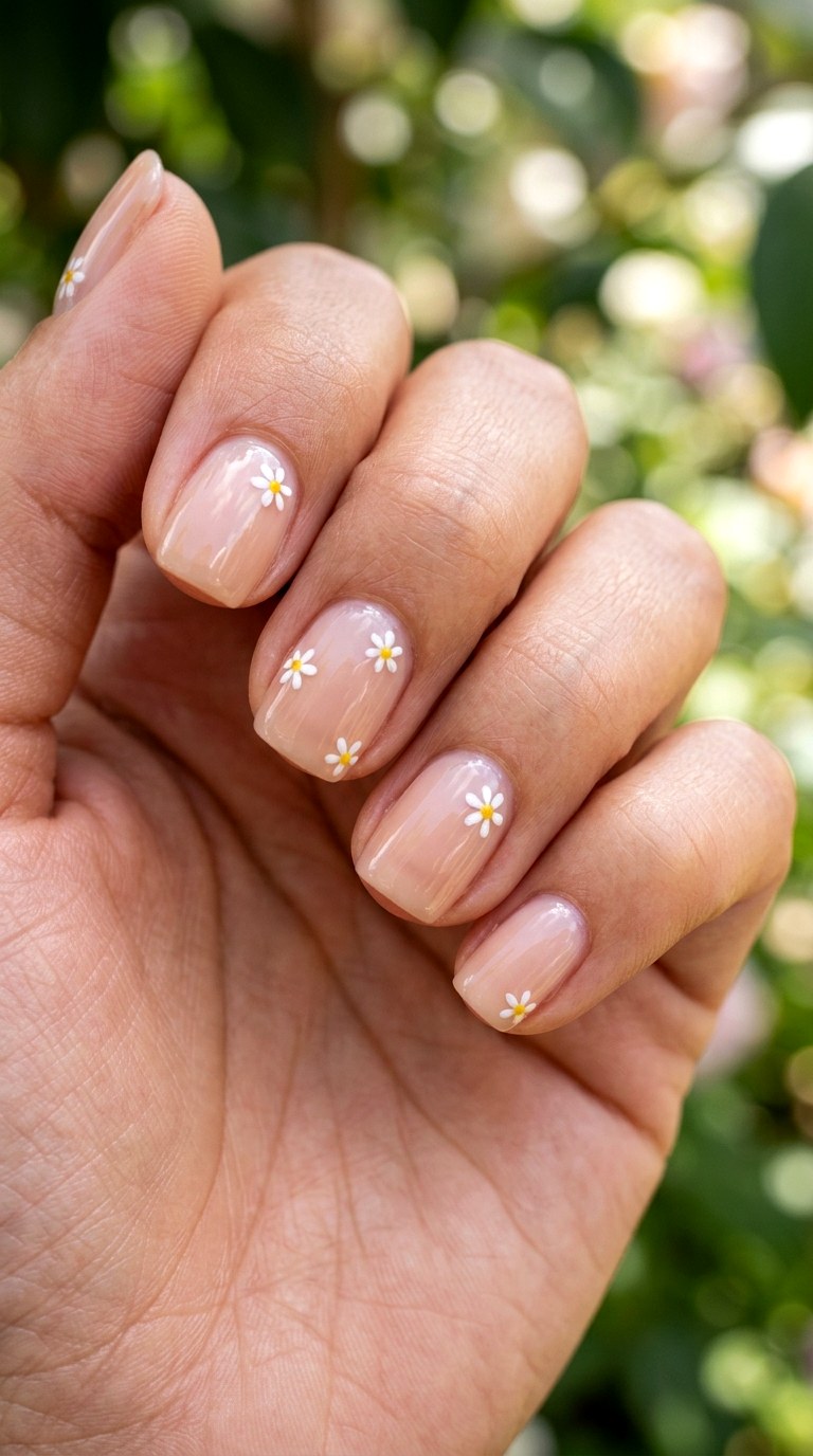 Sheer Nude and White Daisy Accents - 28 Stylish Spring Two Colored Nails