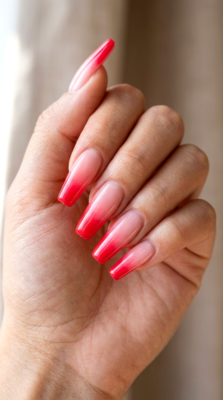 Sheer Pink Base with Crimson Bloom Tip - 28 Seamless Spring Ombre Nails