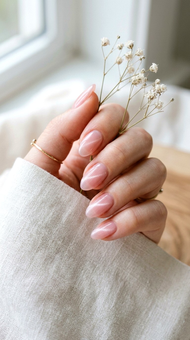 Sheer Pink Cat Eye with Fine Shimmer Thread Line - 22 Summer Pink Cat Eye Nails with Shimmer Line Ideas
