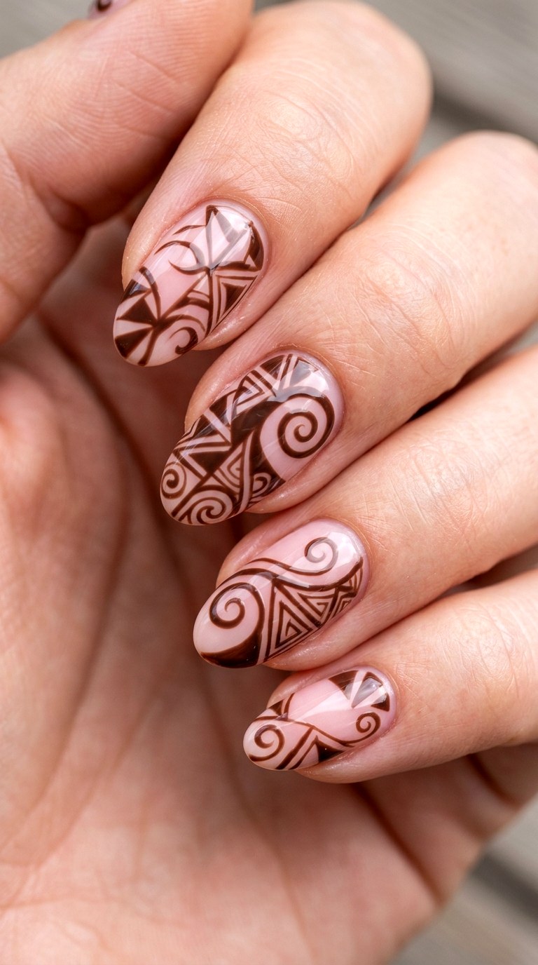 Sheer Pink and Chocolate Brown Geometric Swirls - 23 Geometric Spring Two Colored Nails