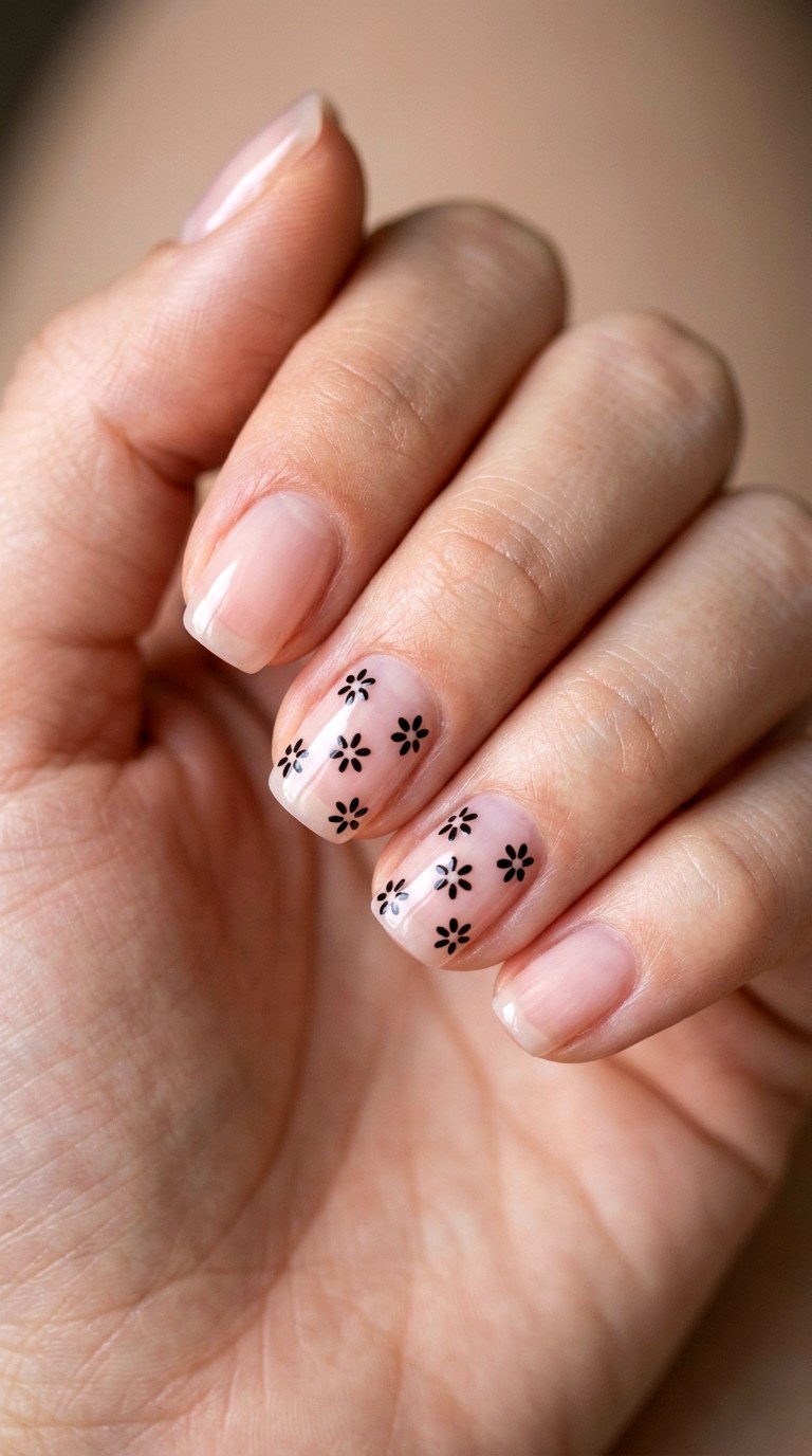 Sheer Pink and Micro Black Daisies - 24 Classy Spring Two Colored Nails