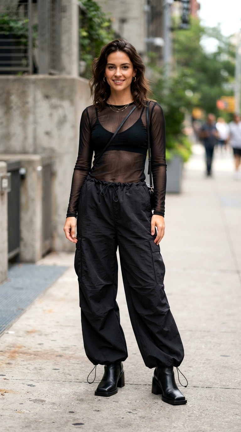 Sheer Tops and Parachute Pants - 28 cargo pants outfits women