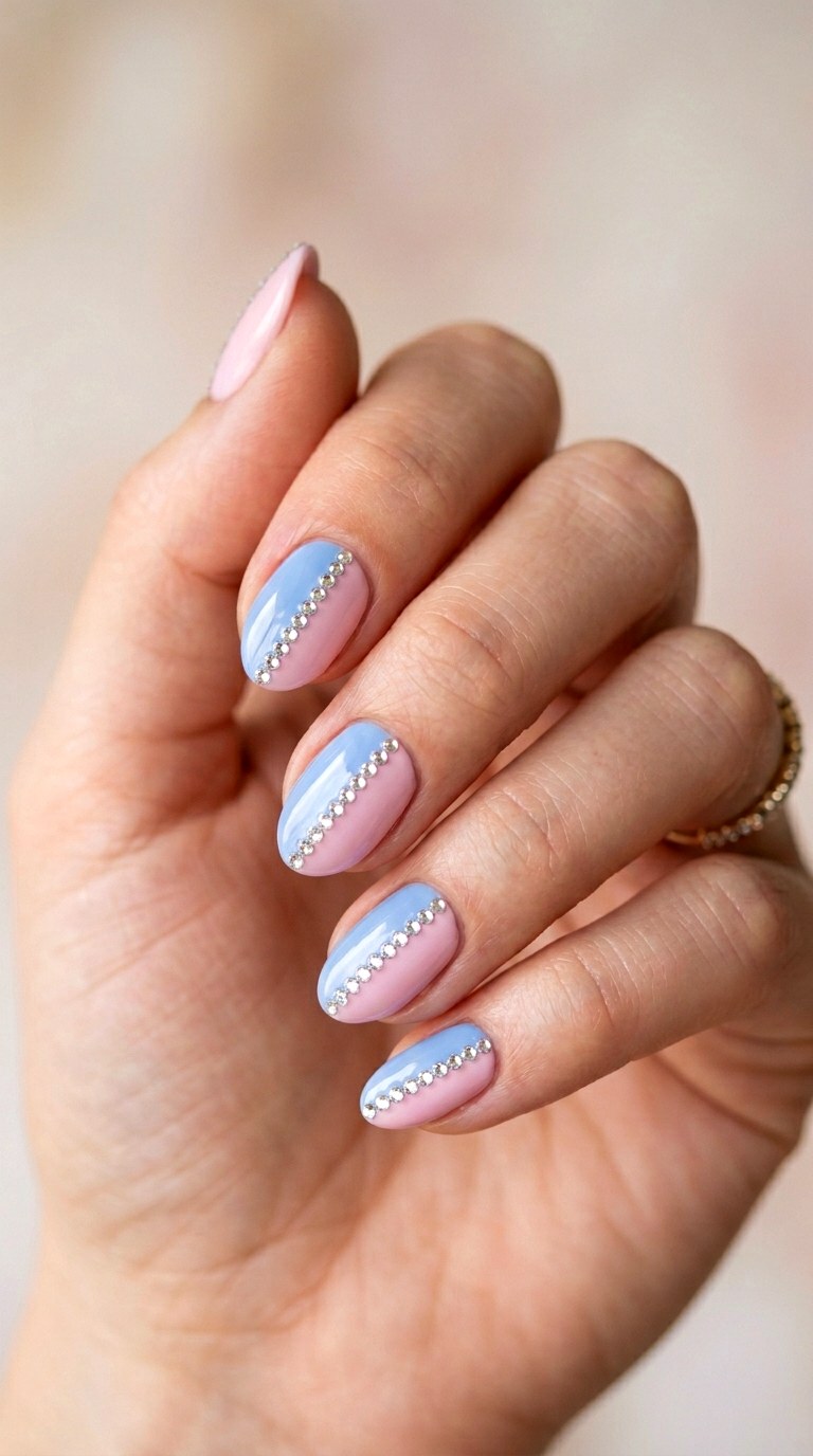 Short Almonds with Crystal Line Accents - 29 Festive Spring Multicolor Acrylic Nails
