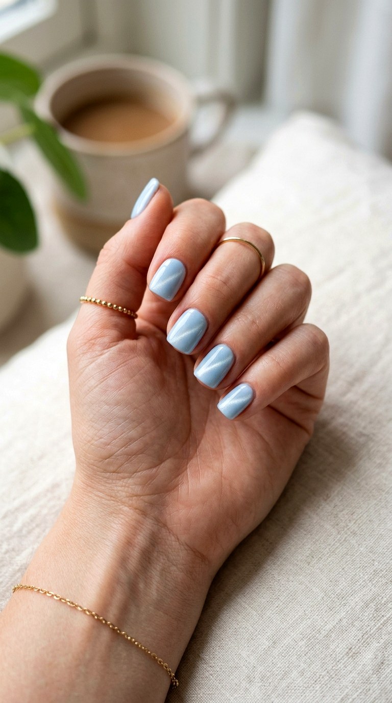 Short Baby Blue Cat Eye Nails - 20 Summer Baby Blue Cat Eye Nails Ideas