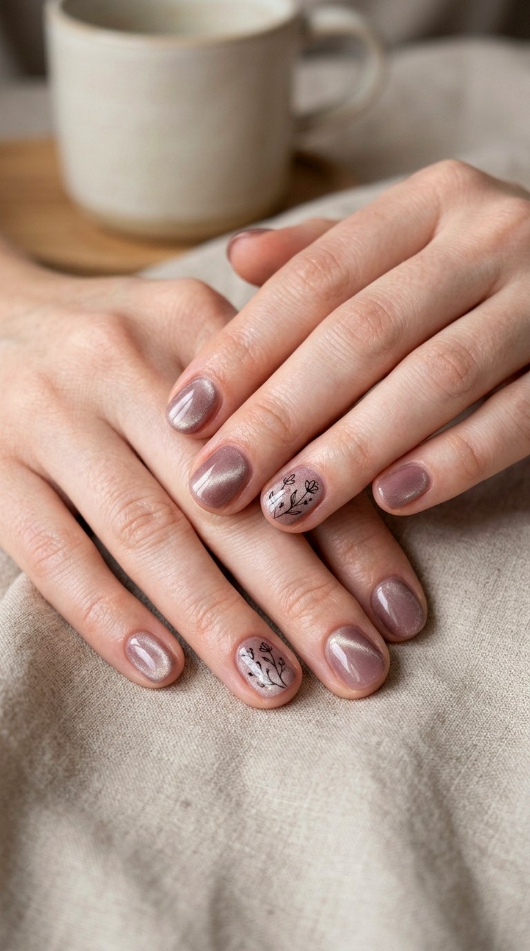 Short Cat Eye Nails with Minimal Floral Lines - 25 Summer Floral Cat Eye Nails Ideas