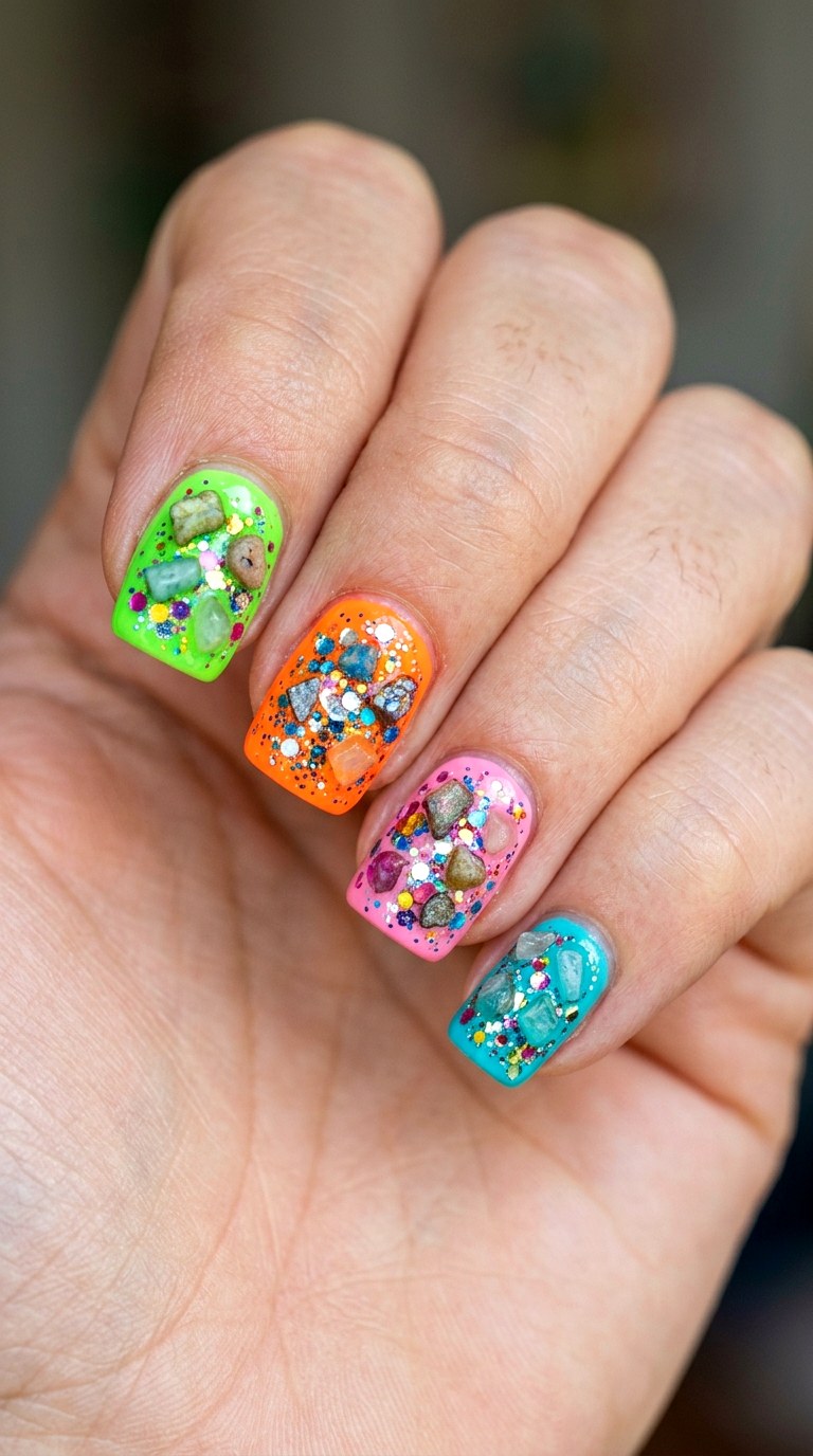Short Square Multicolor Explosion - 24 Eclectic Spring Colorful Junk Nails