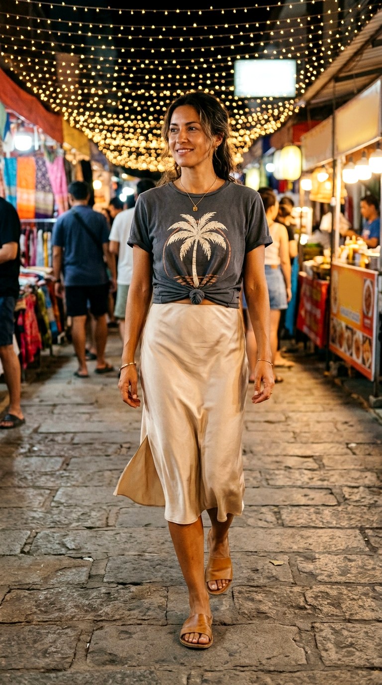 Silk Slip Skirt With Knotted Graphic Tee - 22 island vacation outfits