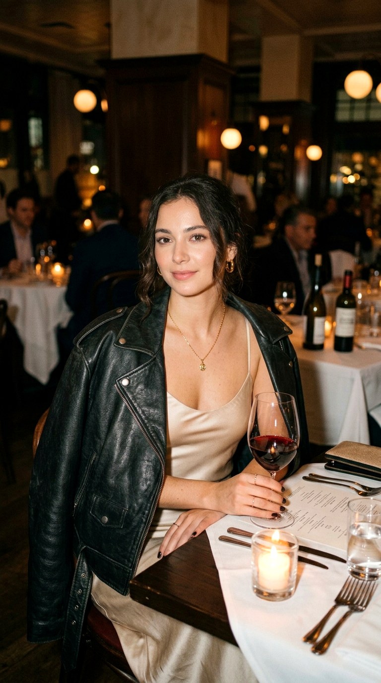 Silky Slip Dress Contrast - 27 oversized leather jacket outfits