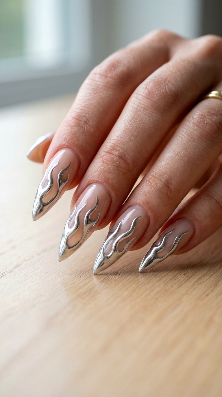 Silver Chrome Flames - 30 High-Fashion Spring Stiletto Nails