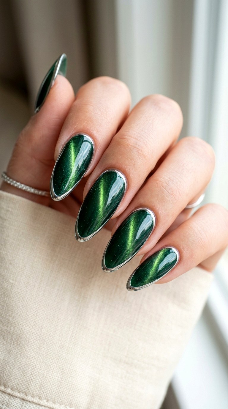 Silver Chrome Outline with Emerald Cat Eye - 22 Summer Chrome Outline Cat Eye Nails Ideas