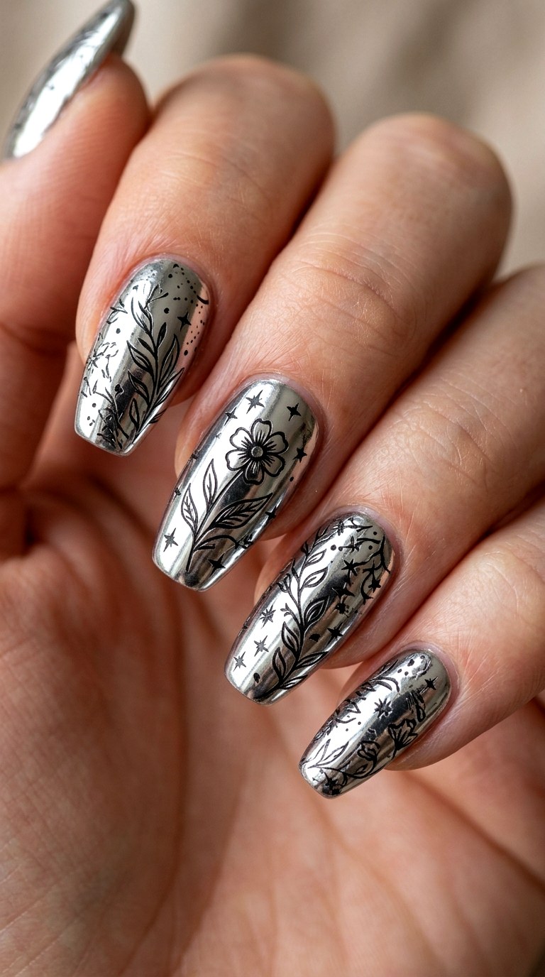 Silver Chrome with Etched Florals - 23 Contrast Spring Colorful Junk Nails