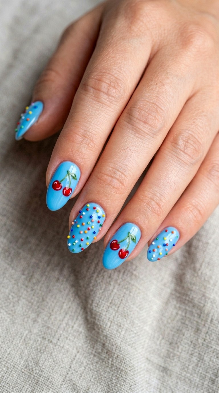 Sky Blue Base with Cherry Motifs - 23 Contrast Spring Colorful Junk Nails