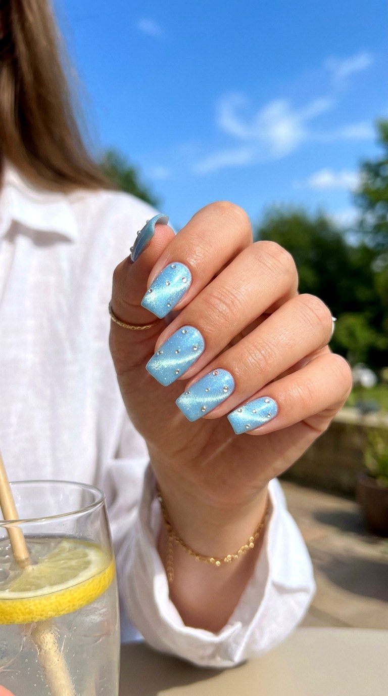 Sky Blue Cat Eye with Floating Crystals - 21 Summer Crystal Accent Cat Eye Nails Ideas