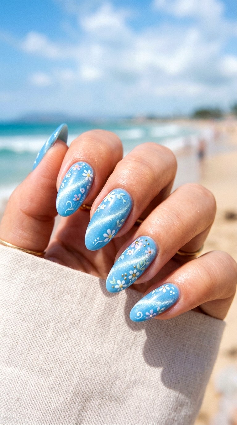 Sky Blue Cat Eye with Floating Florals - 22 Summer Glossy Floral Cat Eye Nails Ideas