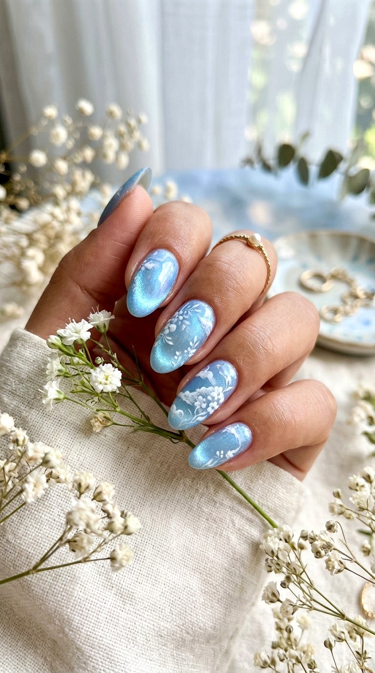 Sky Blue Cat Eye with Floral Clouds - 25 Summer Floral Cat Eye Nails Ideas