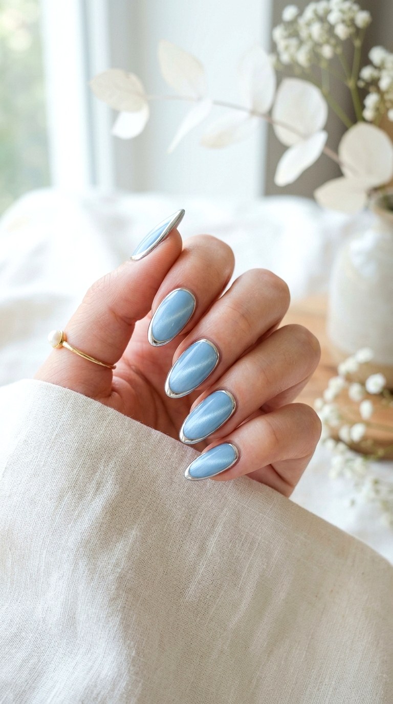 Sky Blue Cat Eye with Thin Chrome Frame - 22 Summer Chrome Outline Cat Eye Nails Ideas