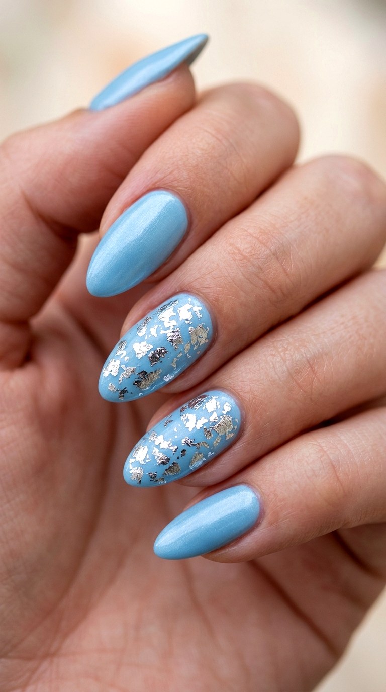 Sky Blue Silver Foil Accent - 26 At-Home Spring Color Street Nails