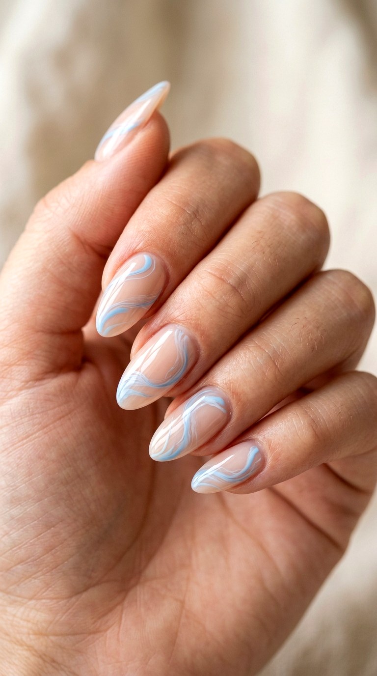 Sky Blue Swirl Negative Space - 29 Fine-Line Spring Acrylic Nails
