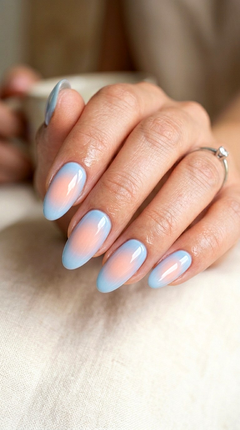 Sky Blue and Peach Fuzz Ombre Fusion - 30 Brunch Spring Two Colored Nails