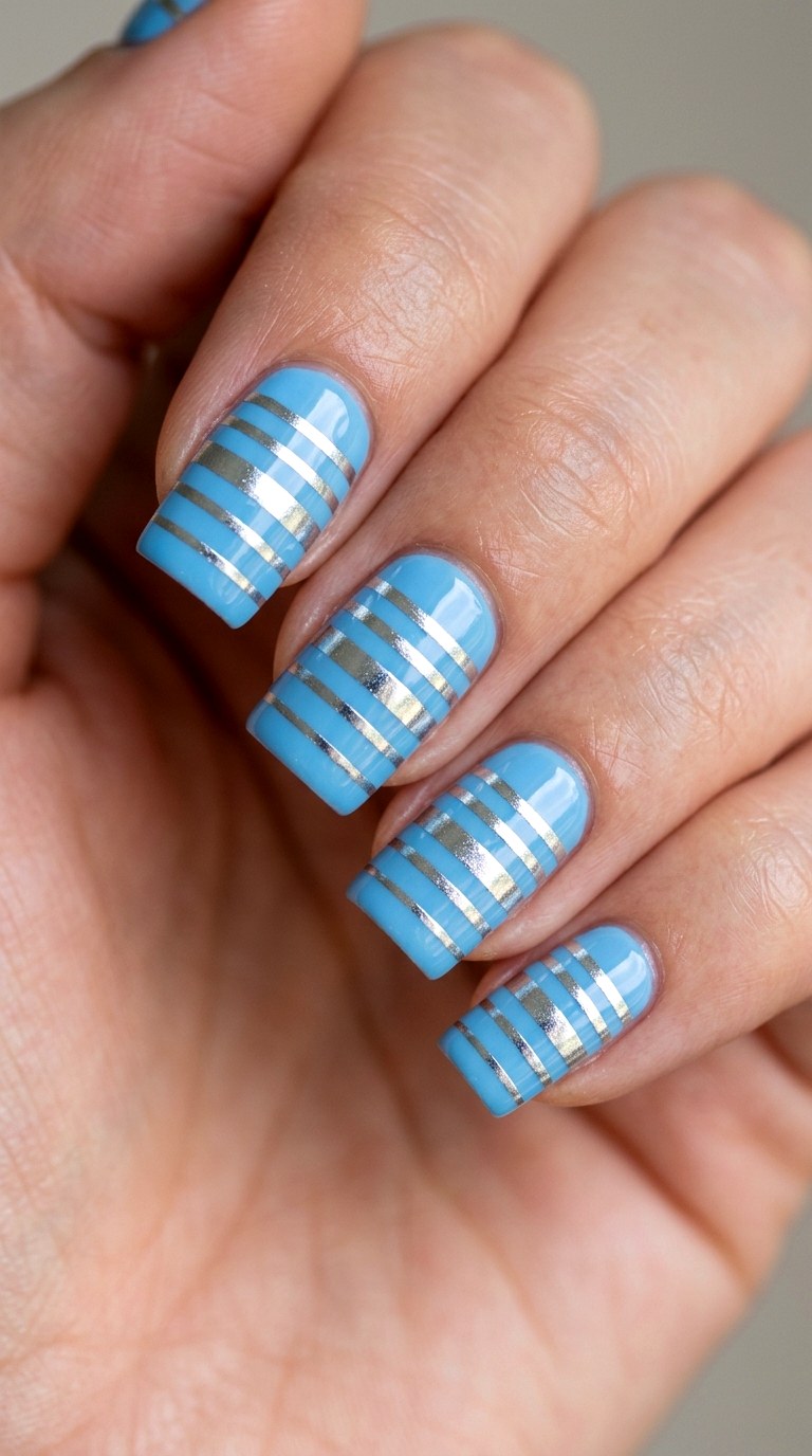 Sky Blue and Silver Chrome Stripe Layout - 23 Geometric Spring Two Colored Nails