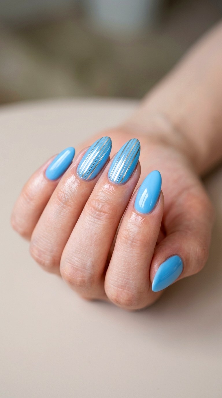 Sky Blue and Silver Metallic Lines - 28 Stylish Spring Two Colored Nails
