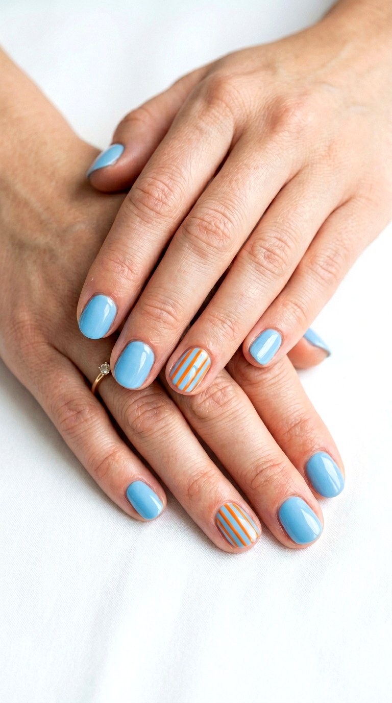 Sky Blue and Tangerine Striped Accents - 27 Chic Spring Two Colored Nails