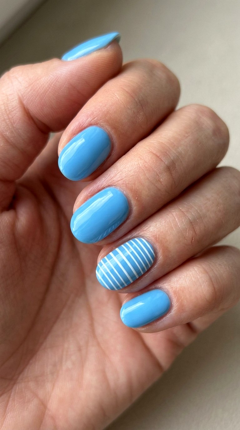 Sky Blue with White Horizontal Stripes - 24 Classy Spring Two Colored Nails