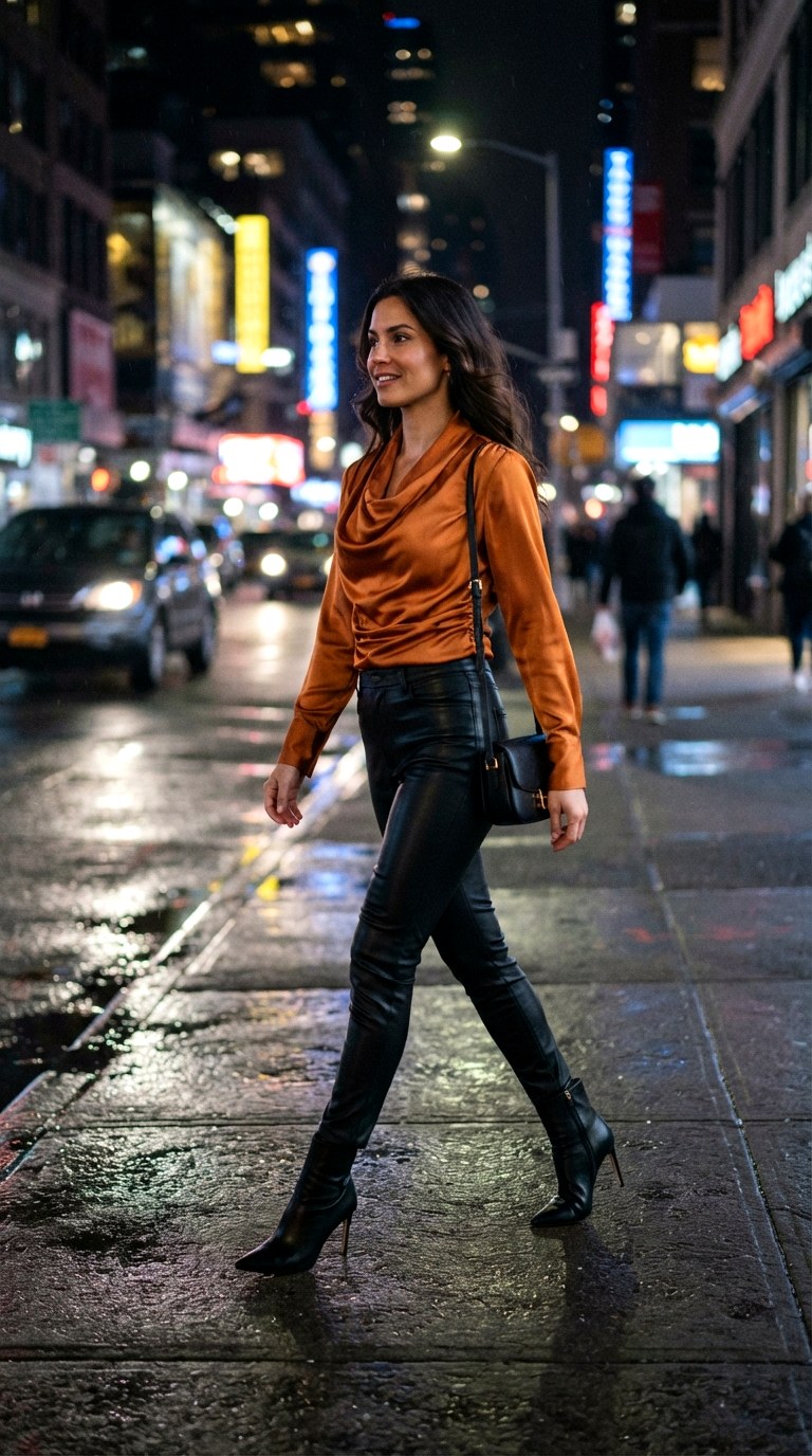 Sleek Black Leather Pants - 27 orange top outfit