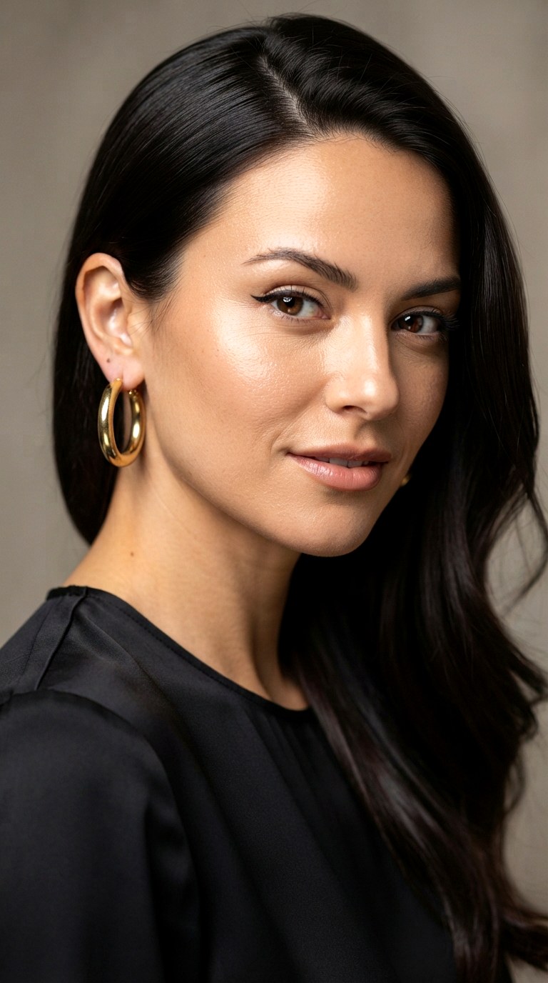 Sleek Hair Tuck Exposure - 26 gold hoops earrings