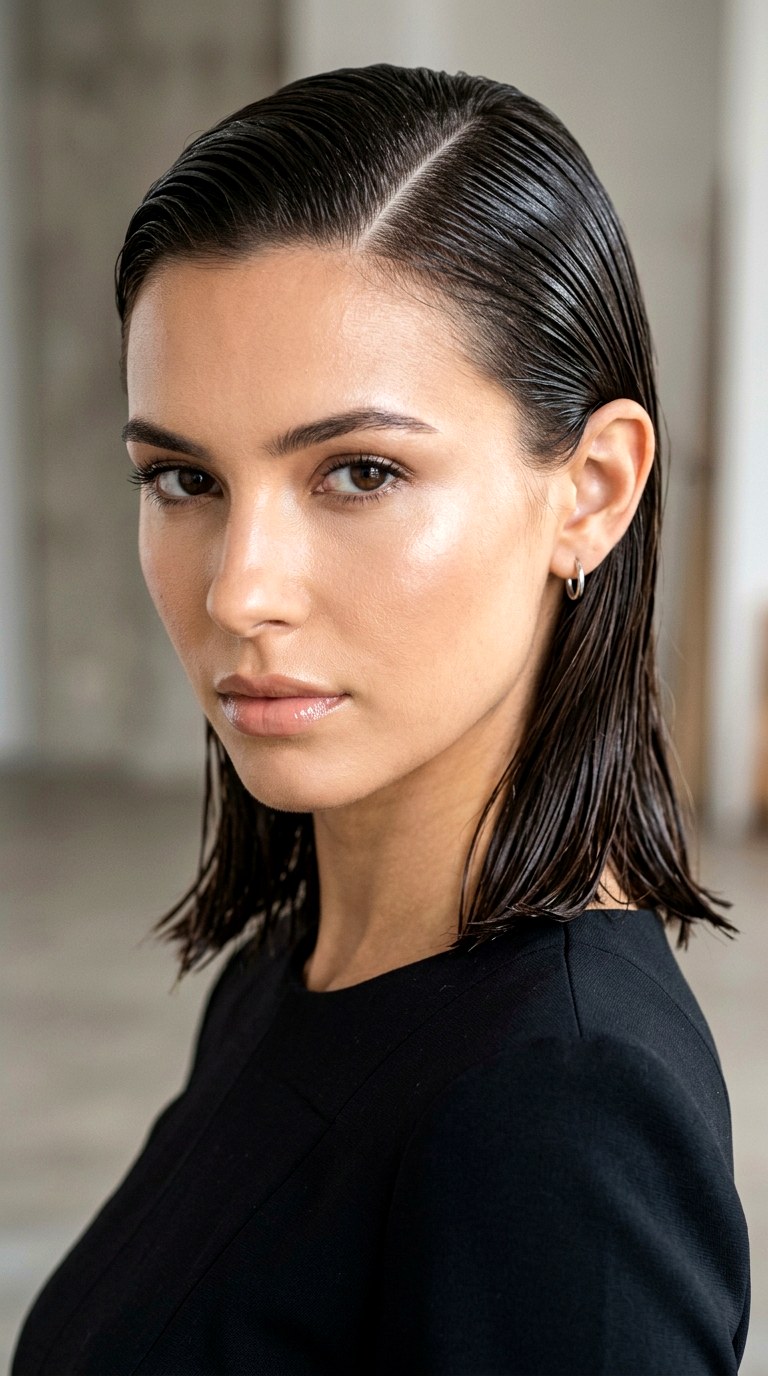 Sleek Side Parted Wet Look - 22 hairstyles for medium length hair