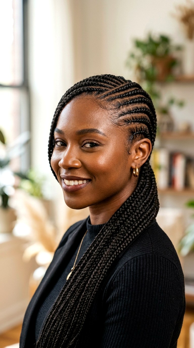 Sleek Side Swept Cornrows - 26 cornrow hairstyles for women
