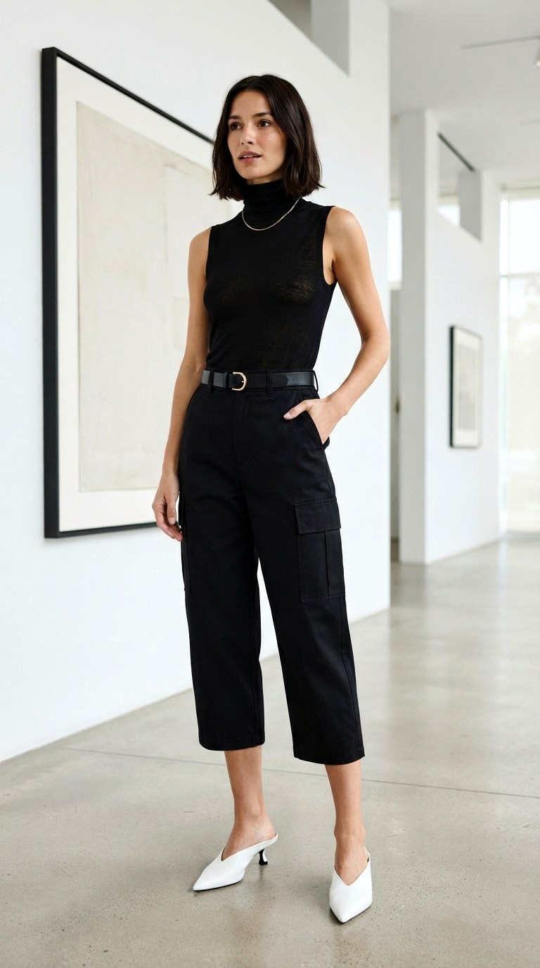 Sleek Turtleneck Tuck With Cargo Capri - 27 cargo capris outfit