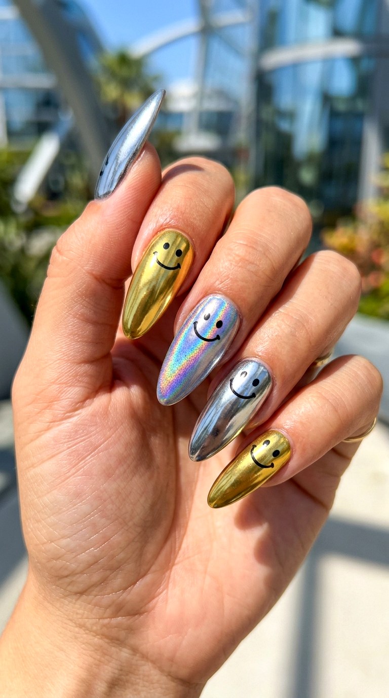 Smiley Chrome Nails - 20 Summer Smiley Face Cartoon Nails Ideas