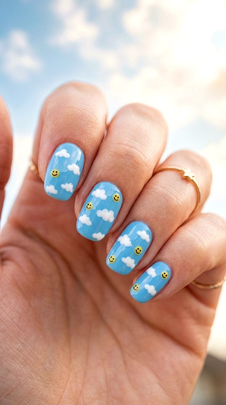 Smiley Cloud Nails - 20 Summer Smiley Face Cartoon Nails Ideas