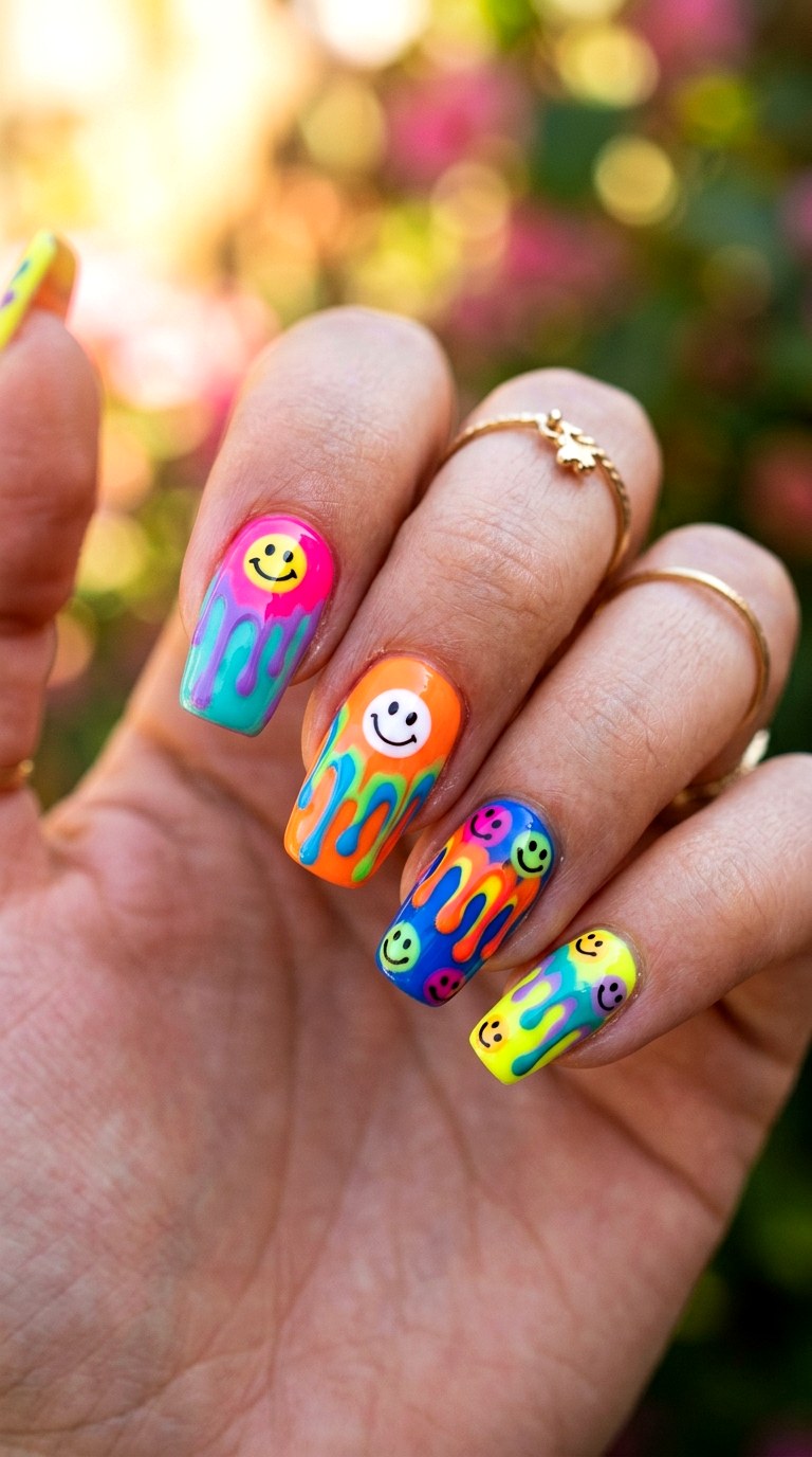 Smiley Drip Nails - 20 Summer Smiley Face Cartoon Nails Ideas