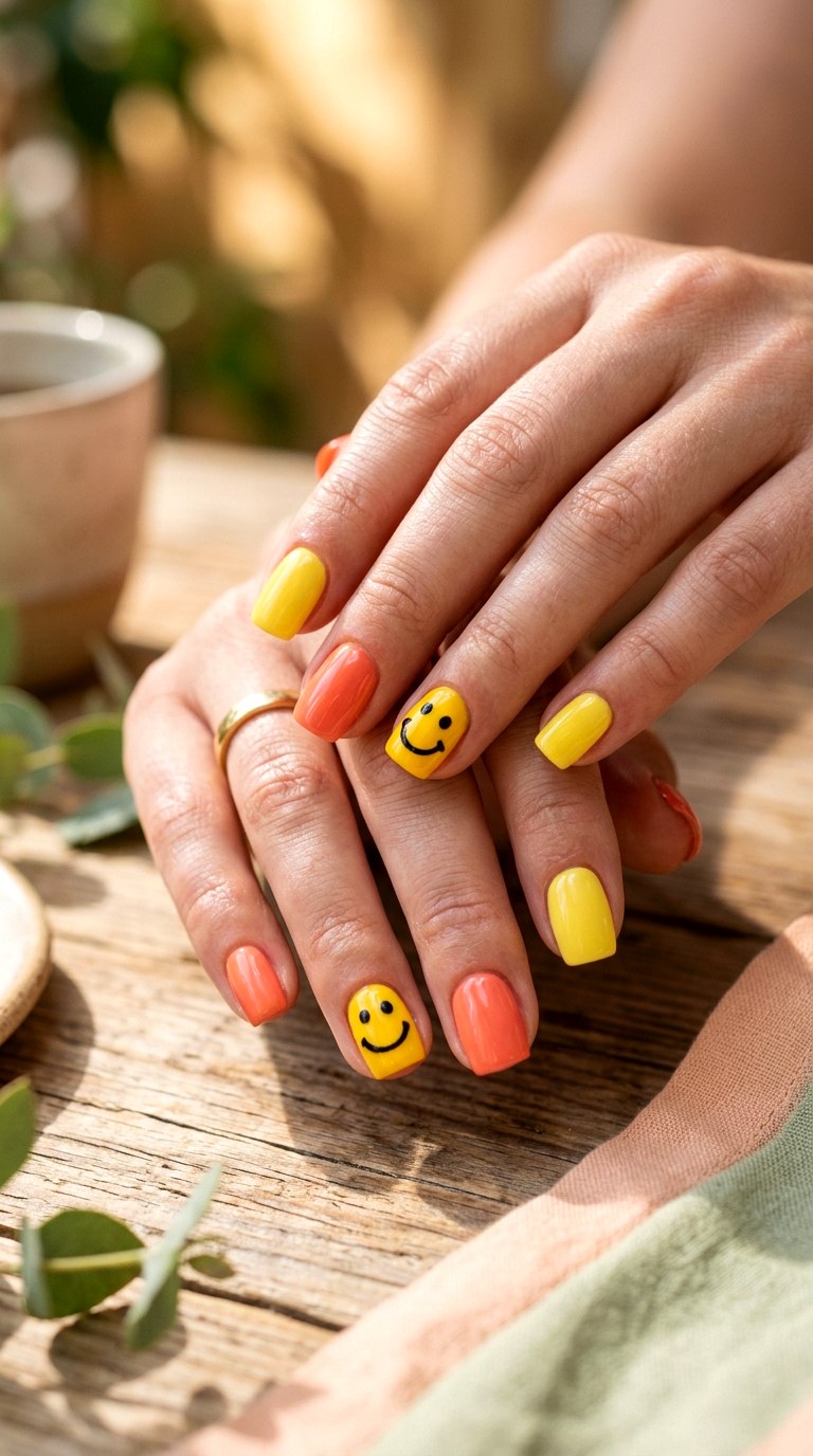Smiley Face Accent Nails - 20 Summer Smiley Face Cartoon Nails Ideas