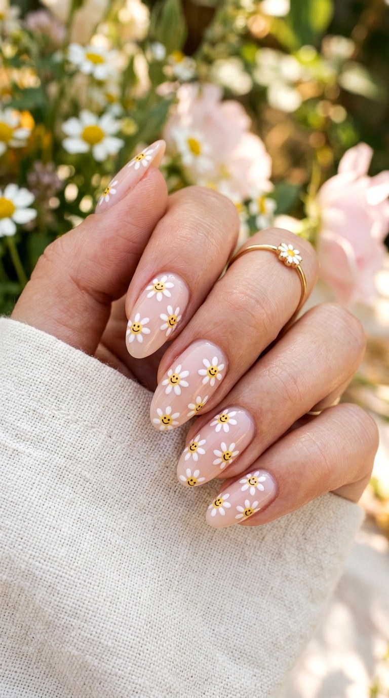 Smiley Flower Nails - 20 Summer Smiley Face Cartoon Nails Ideas