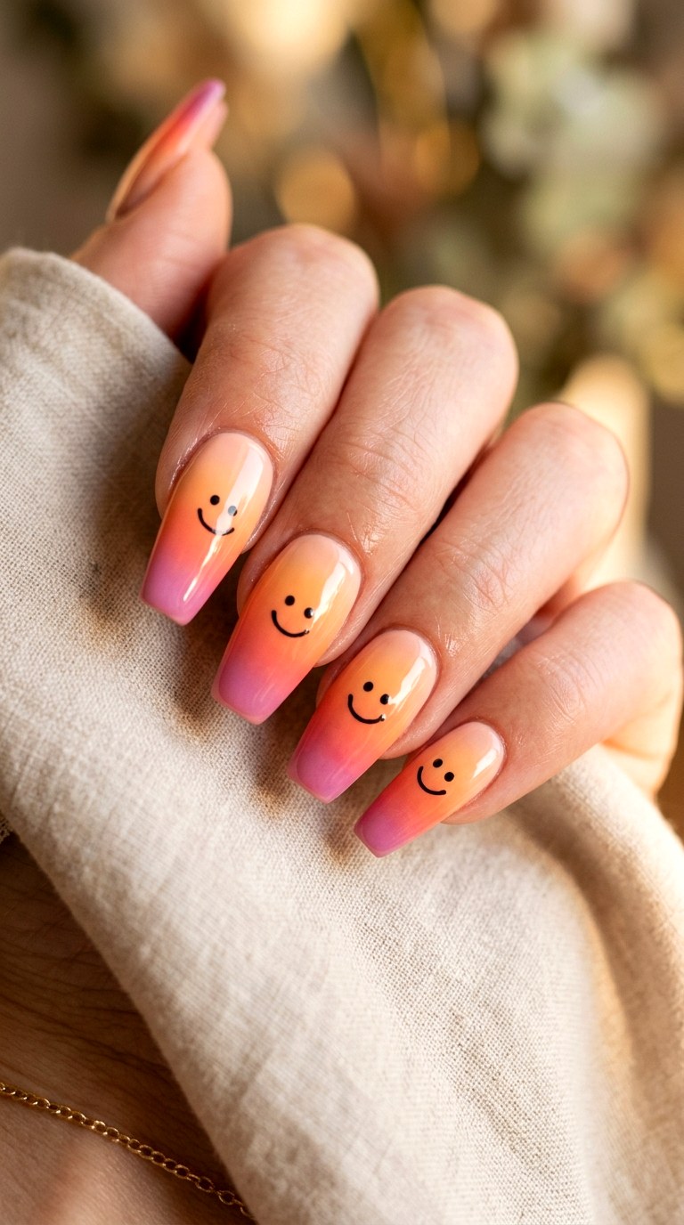 Smiley Gradient Nails - 20 Summer Smiley Face Cartoon Nails Ideas
