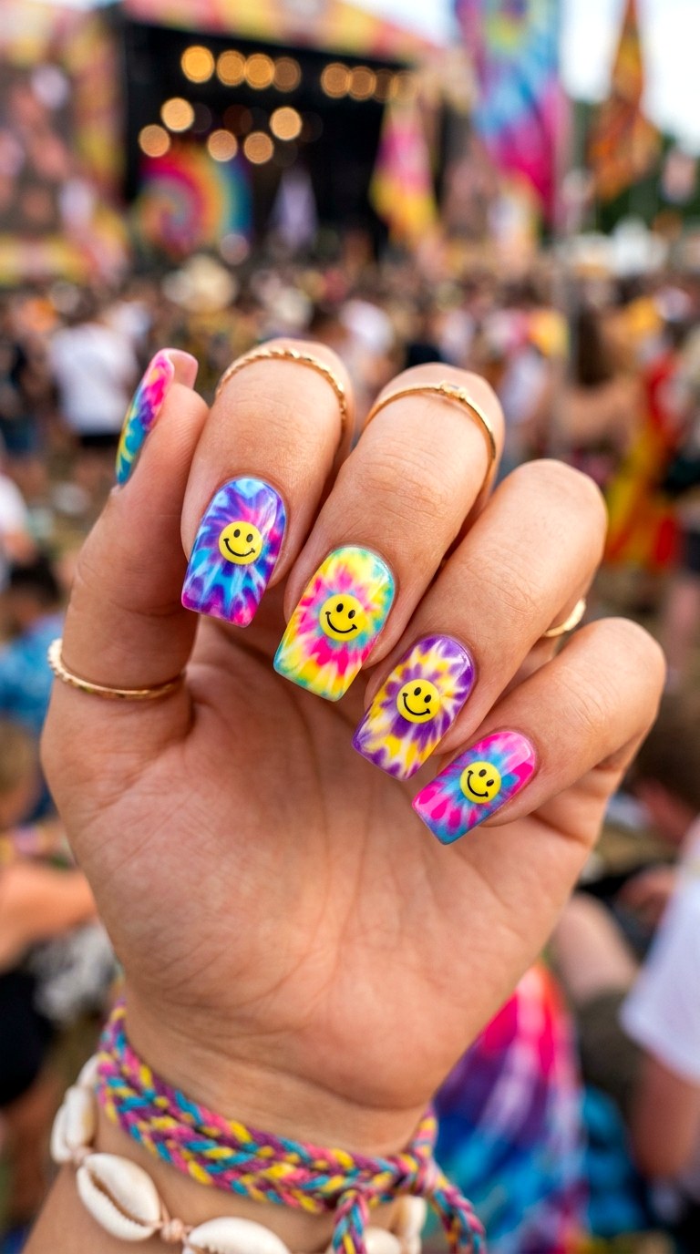 Smiley Tie Dye Nails - 20 Summer Smiley Face Cartoon Nails Ideas
