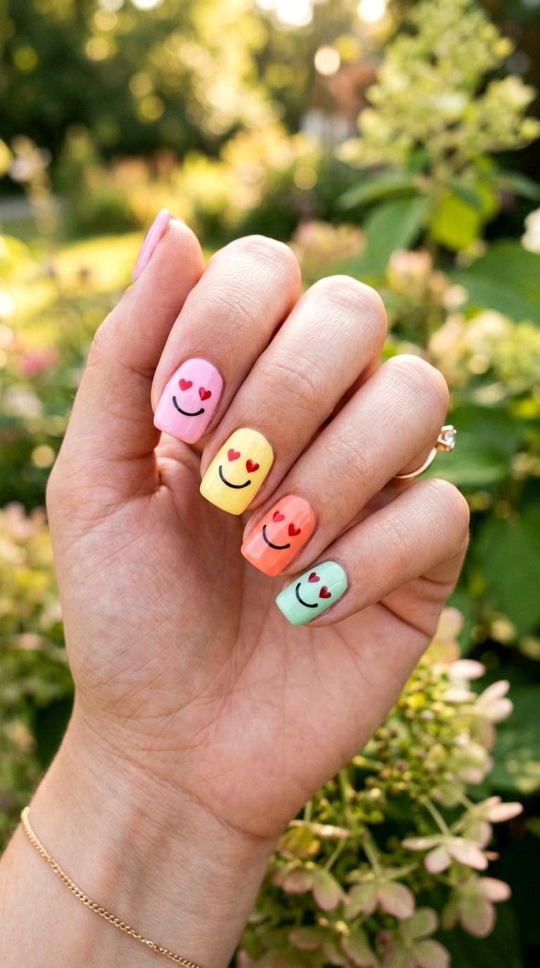 Smiley with Heart Eyes Nails - 20 Summer Smiley Face Cartoon Nails Ideas