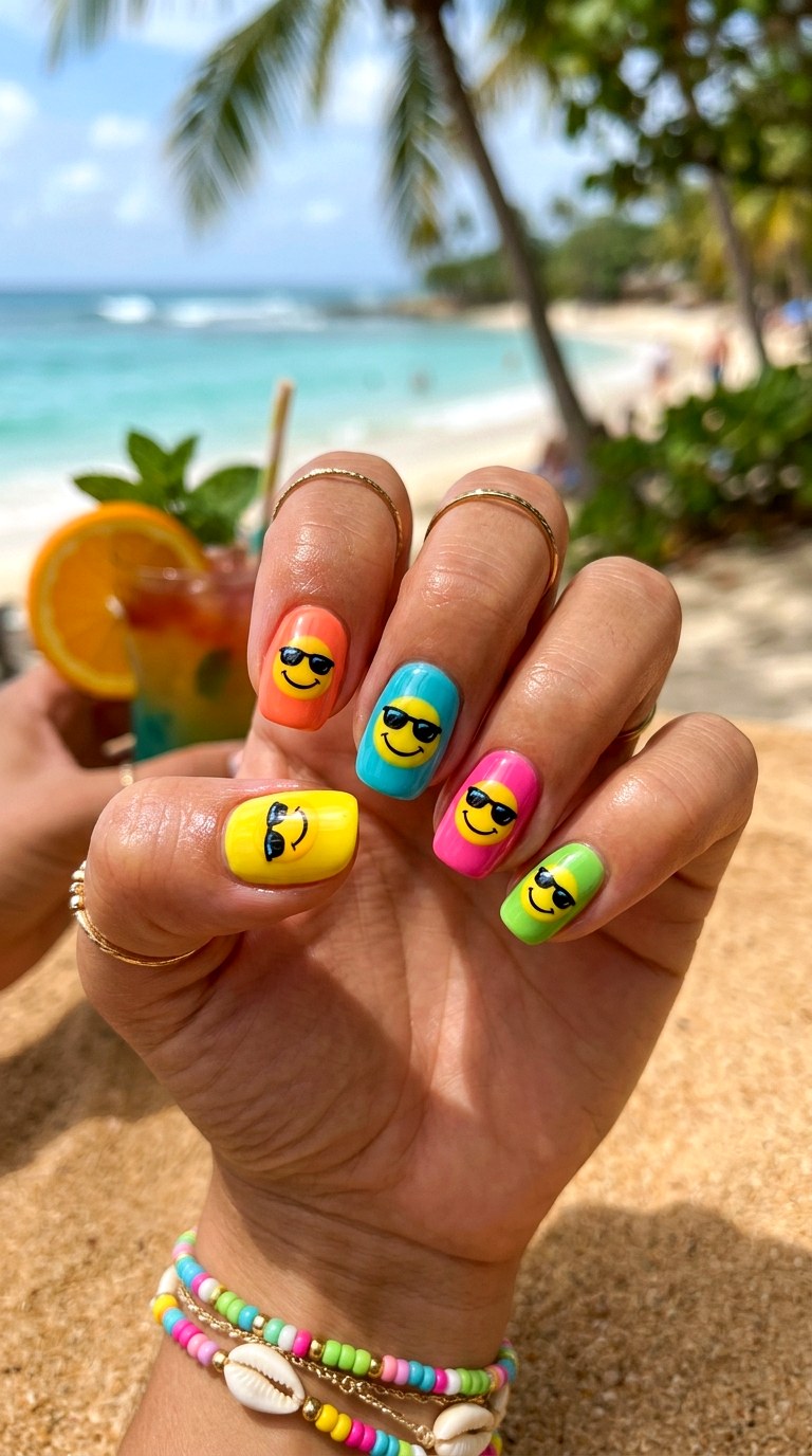 Smiley with Sunglasses Nails - 20 Summer Smiley Face Cartoon Nails Ideas