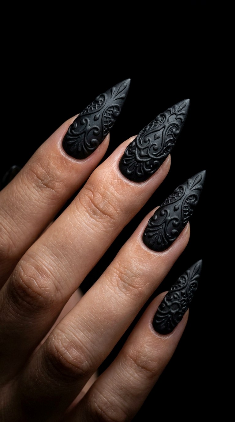 Smoky Matte Black Lace - 28 Sharp Spring Stiletto Nails