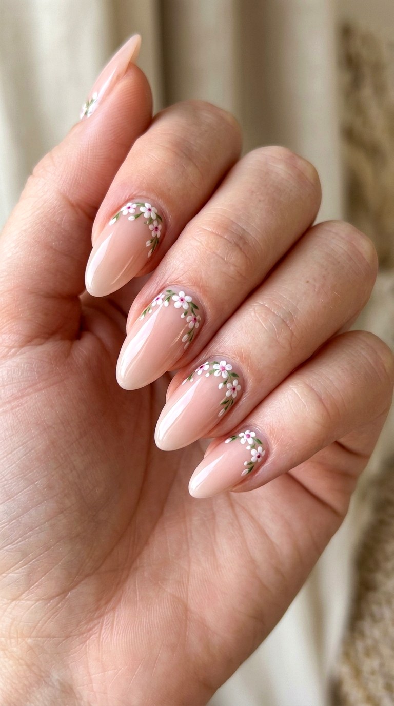 Soft Almond Nails with Delicate Flowers - 21 Classic Spring Acrylic Nails