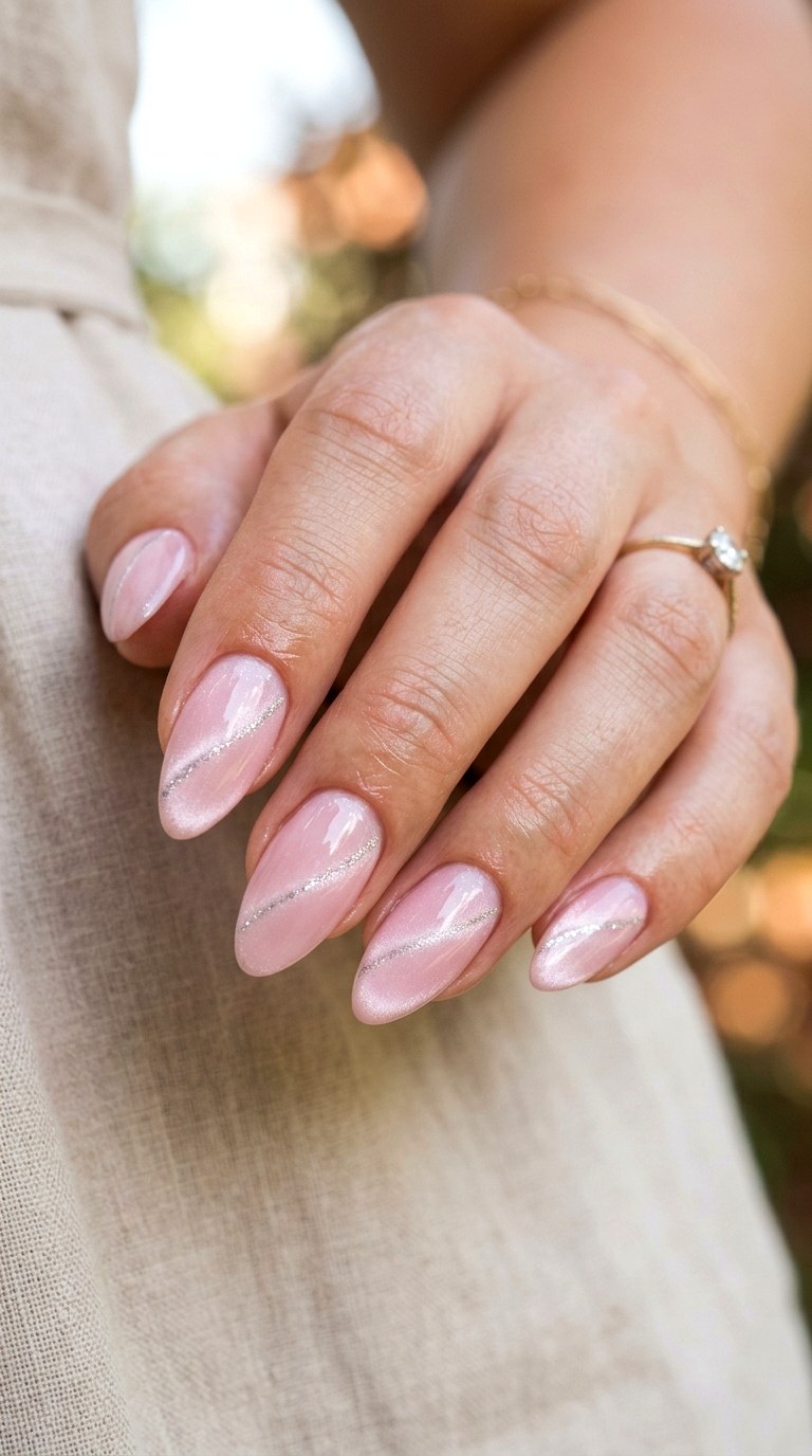 Soft Baby Pink Cat Eye with Silver Shimmer Line - 22 Summer Pink Cat Eye Nails with Shimmer Line Ideas