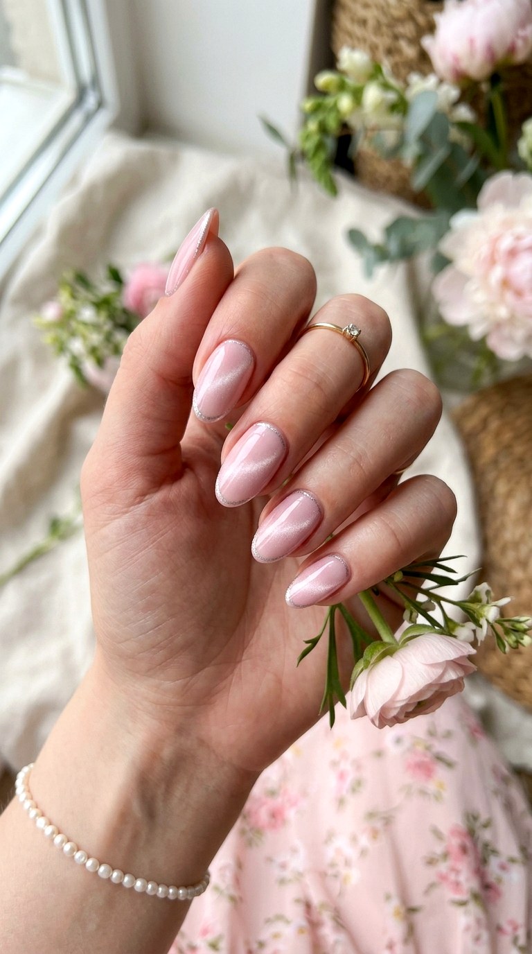 Soft Baby Pink Cat Eye with Silver Shimmer Line - 20 Spring Pink Cat Eye Nails with Shimmer Line Ideas