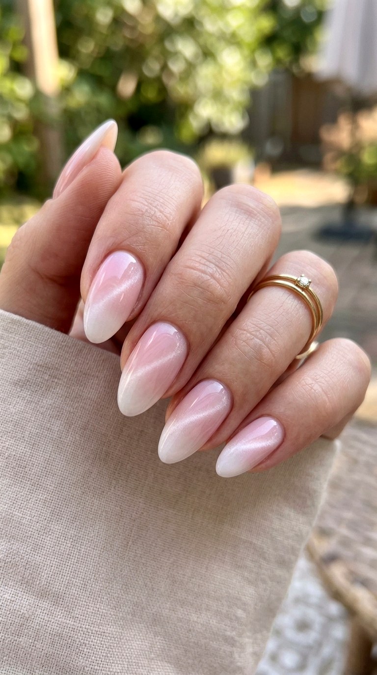 Soft Baby Pink to Milky White Glow - 21 Summer Pink and White Gradient Cat Eye Nails Ideas