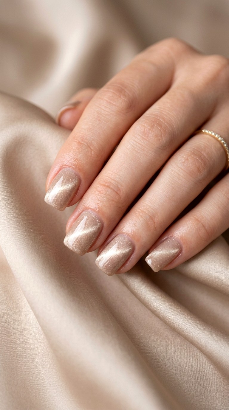 Soft Beige and Champagne Glow - 20 Spring Dual-Tone Magnetic Cat Eye Nails Ideas