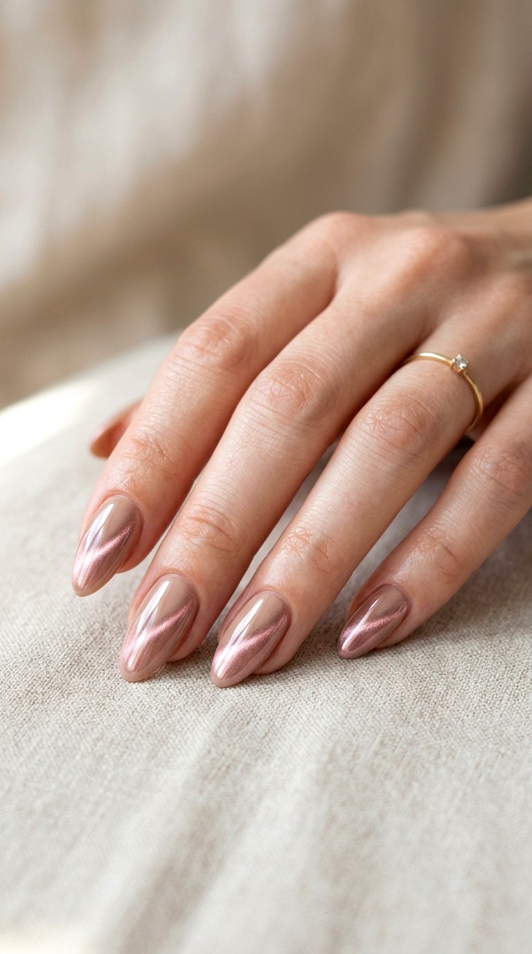 Soft Beige and Rose Chrome - 26 Summer Dual-Tone Magnetic Cat Eye Nails Ideas