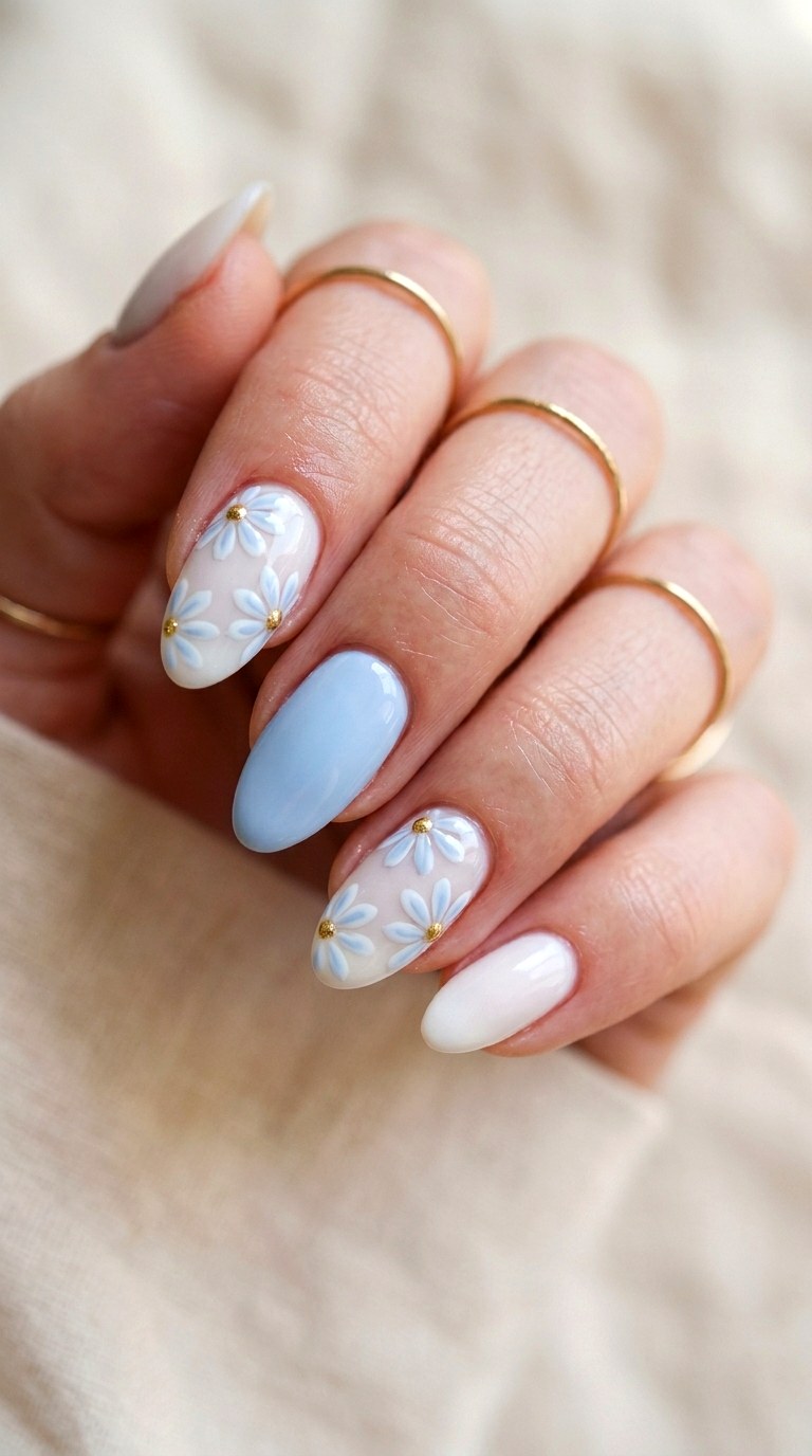 Soft Blue Almond Daisy Accents - 26 Floral Spring Acrylic Nails